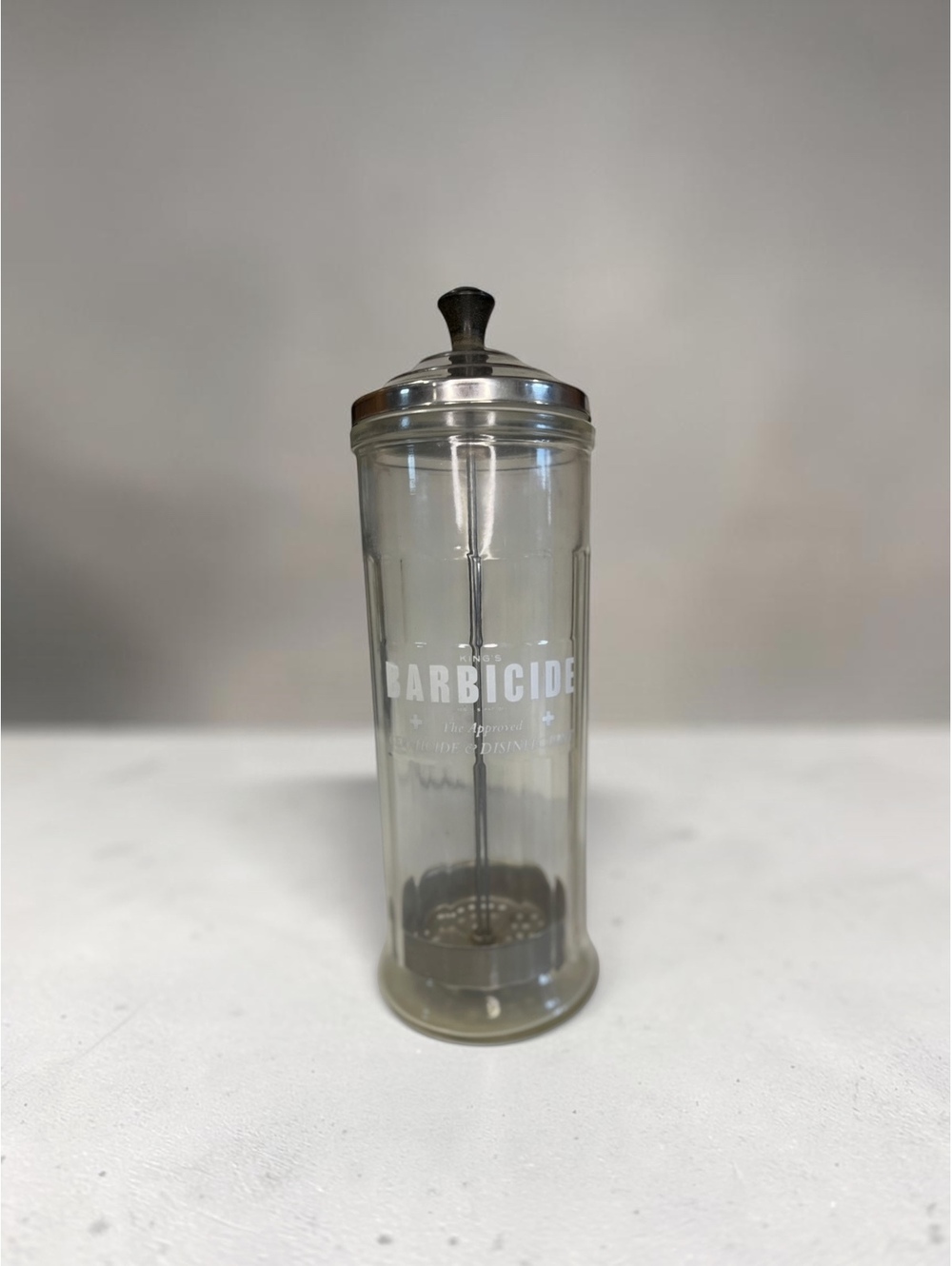 Vintage Barbicide Glass Disinfectant Jar with Metal Lid and Stirrer